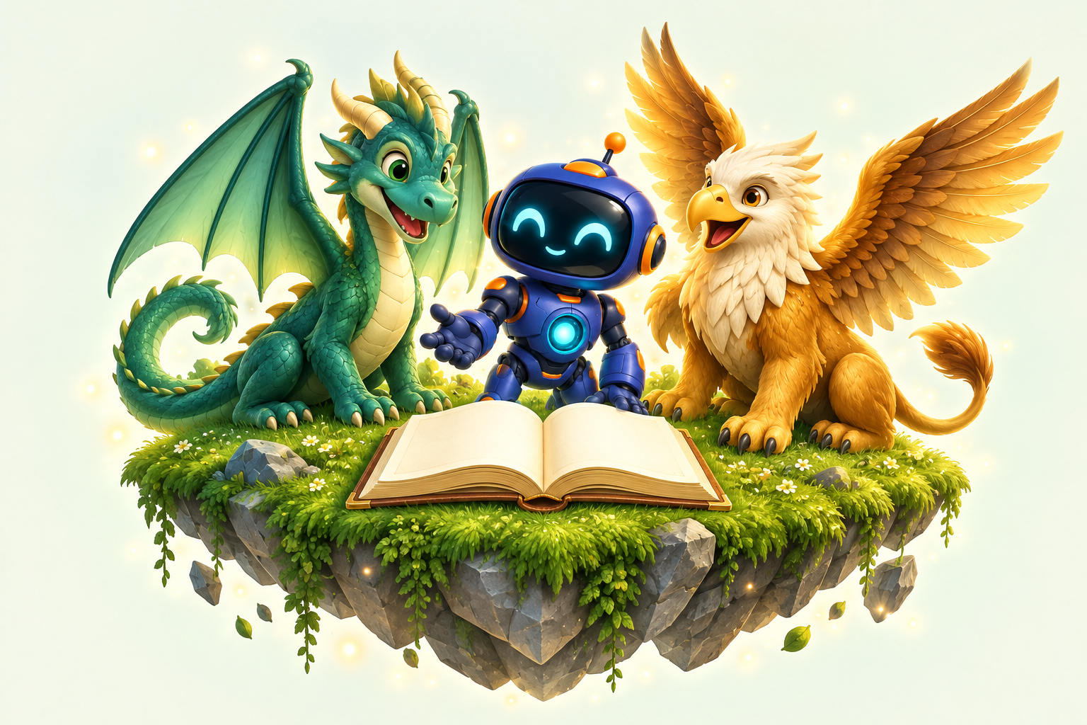 Dein freundlicher Roboter entdeckt mit einem grünen Drachen und einem goldenen Greif ein Buch.